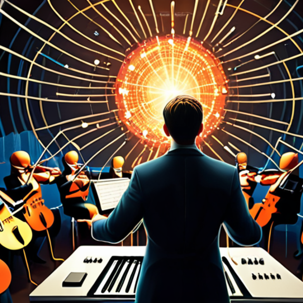 **Image Prompt:** A stylized orchestral conductor leading a cybersecurity orchestra. Instruments are replaced with security tools (firewalls, intrusion detection systems, etc.). The conductor is connected to a network visualization representing a feedback loop.